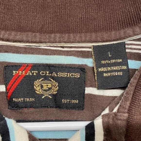 Phat Farm Polo Men's Large Short Sleeve Brown White Blue Stripe 90's Y2K Vtg GUC - Picture 6 of 8
